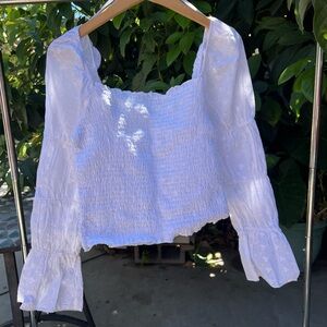 Free kisses eyelet white linen puff sleeve scrunch top